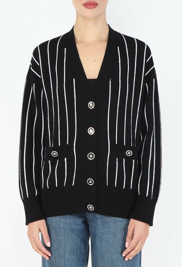 Chanel 2023 'CC' Striped Cashmere Cardigan - 1