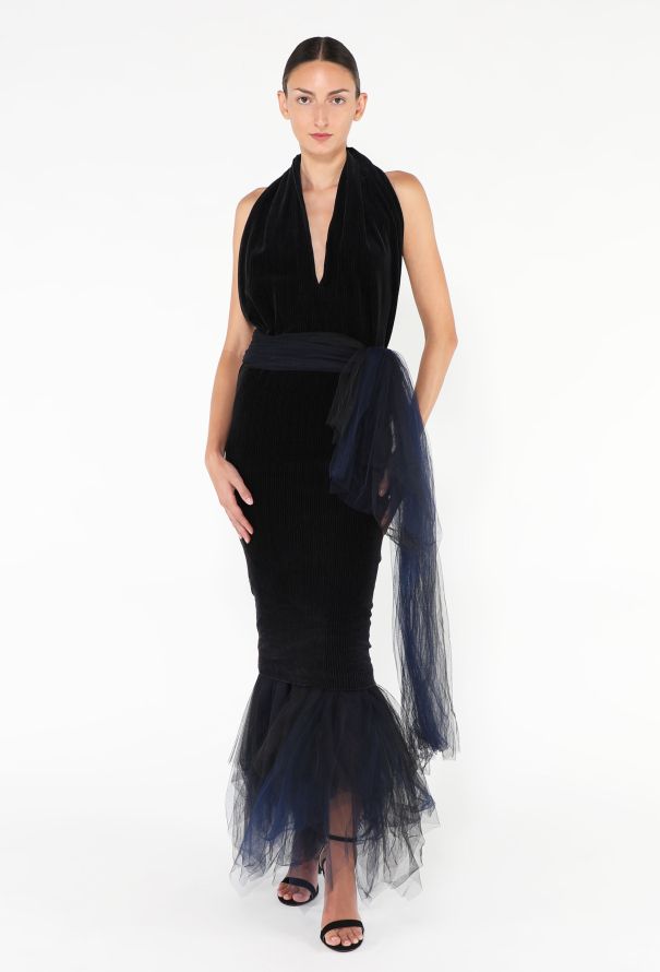 Romeo Gigli '90s Tulle Belted Corduroy Gown - 1