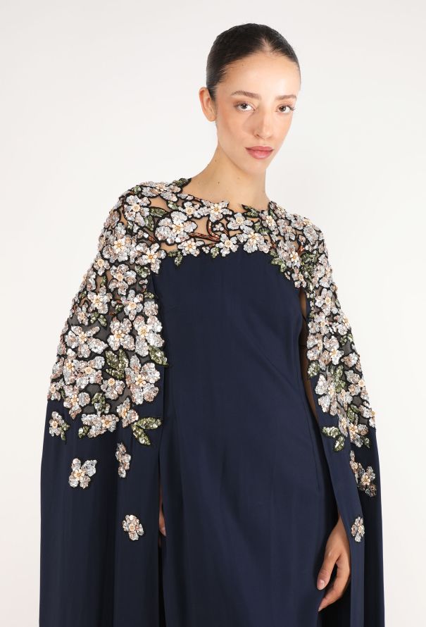 Oscar De La Renta Floral Hand-Embroidered Cape Gown, 2025 - 2