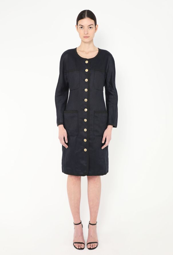 Chanel 1992 Linen Grosgrain Pocket Dress - 1