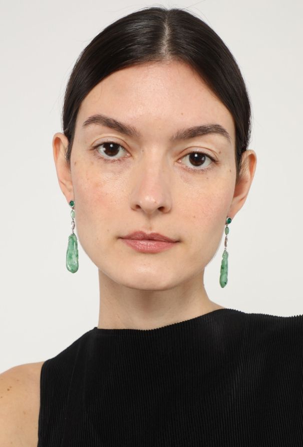 Vintage Fine Jewelry 18k White Gold, Emerald, Diamond & Jade Earrings - 4 Vintage Fine Jewelry 18k White Gold, Emerald, Diamond & Jade Earrings - 4