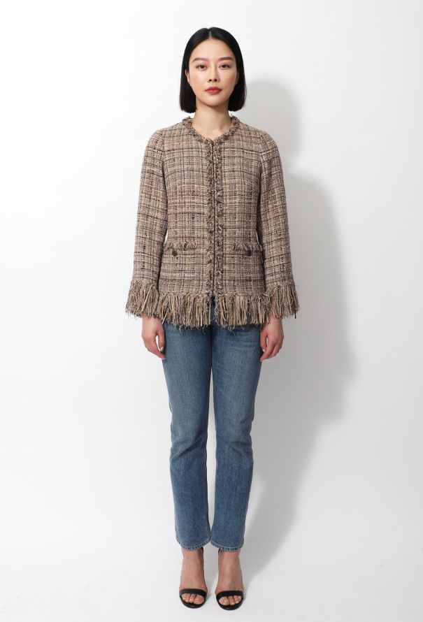 Louis Vuitton Runway Prince of Wales Tweed Jacket with Fringe Trim For Sale  at 1stDibs