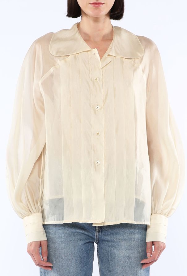 Chanel Silk Pleated Clover Button Blouse, 1980s - 5