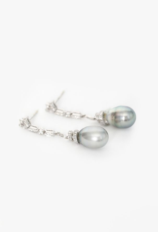 Modern Fine Jewelry 18K White Gold Art Deco Grey Pearl & Diamond Drop Earrings - 3