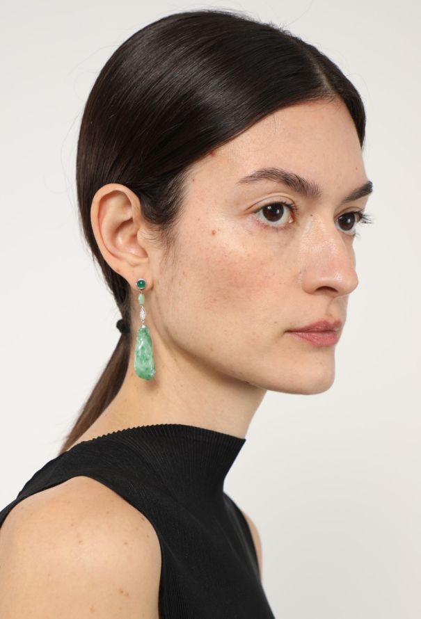 Vintage Fine Jewelry 18k White Gold, Emerald, Diamond & Jade Earrings - 2 Vintage Fine Jewelry 18k White Gold, Emerald, Diamond & Jade Earrings - 2