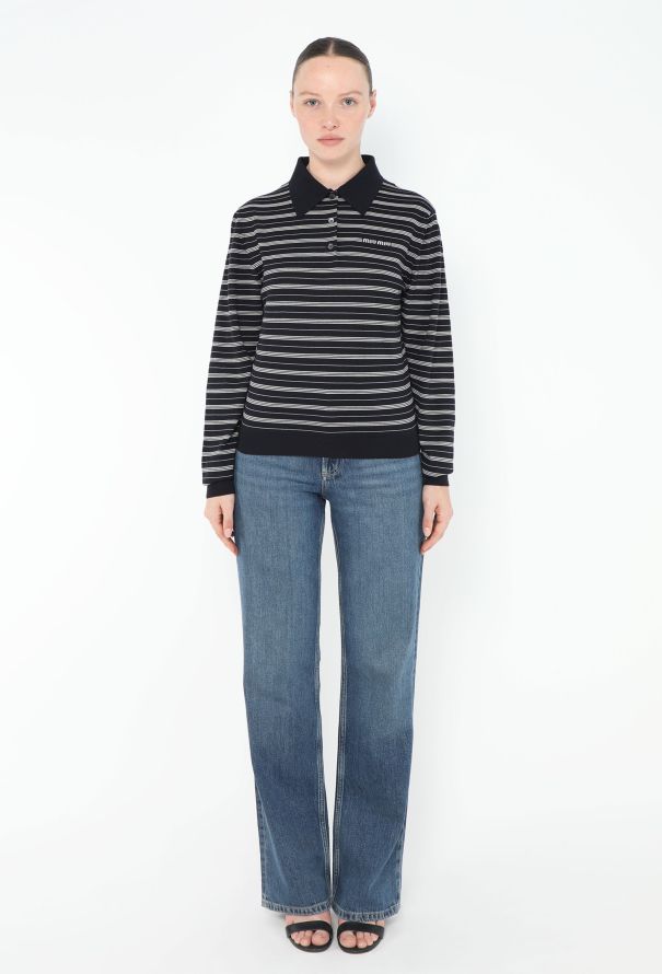 Miu Miu 2024 Striped Logo Polo Top Navy - 2