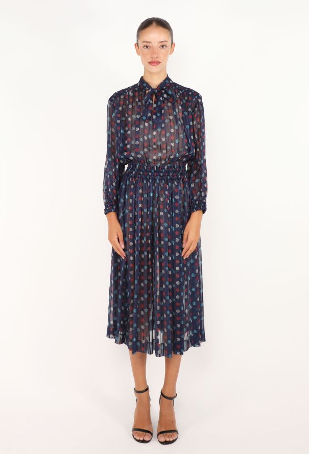 Céline Printed Silk Lavallière Dress, 1970s - 1