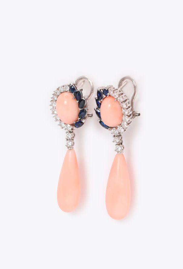 Vintage Fine Jewelry 18k White Gold, 1.50 Carats Diamond & Coral Earrings - 3 Vintage Fine Jewelry 18k White Gold, 1.50 Carats Diamond & Coral Earrings - 3