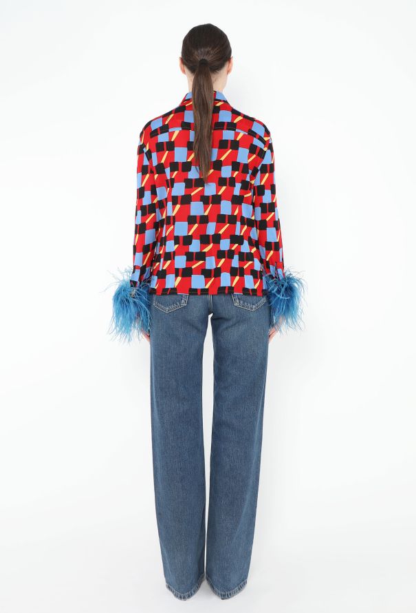 Prada S/S 2017 Graphic Ostrich Trim Blouse - 6