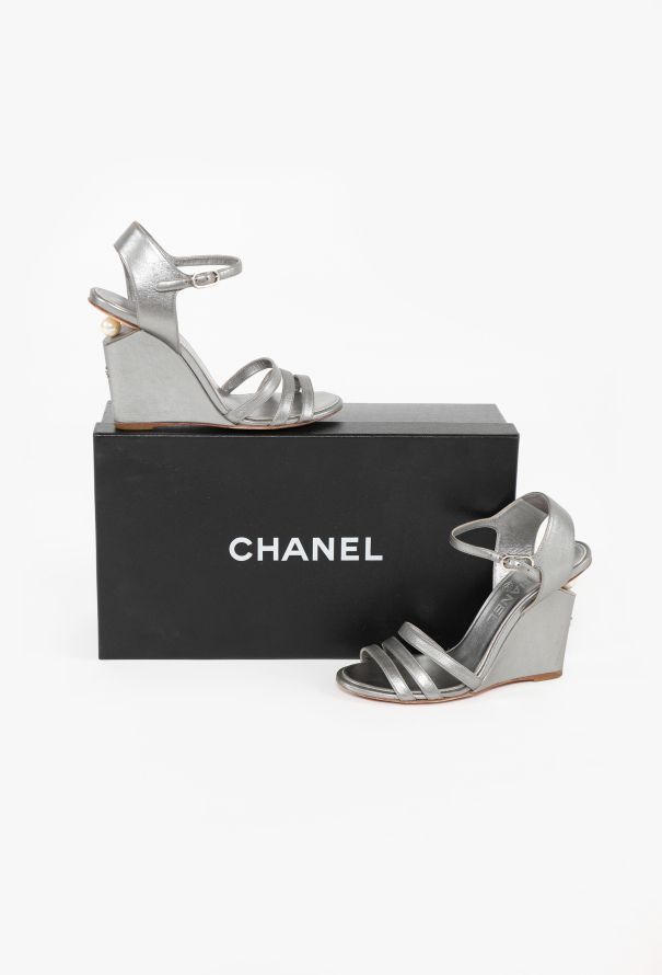 Chanel 2016 Metallic Strappy Pearl Wedges - 2