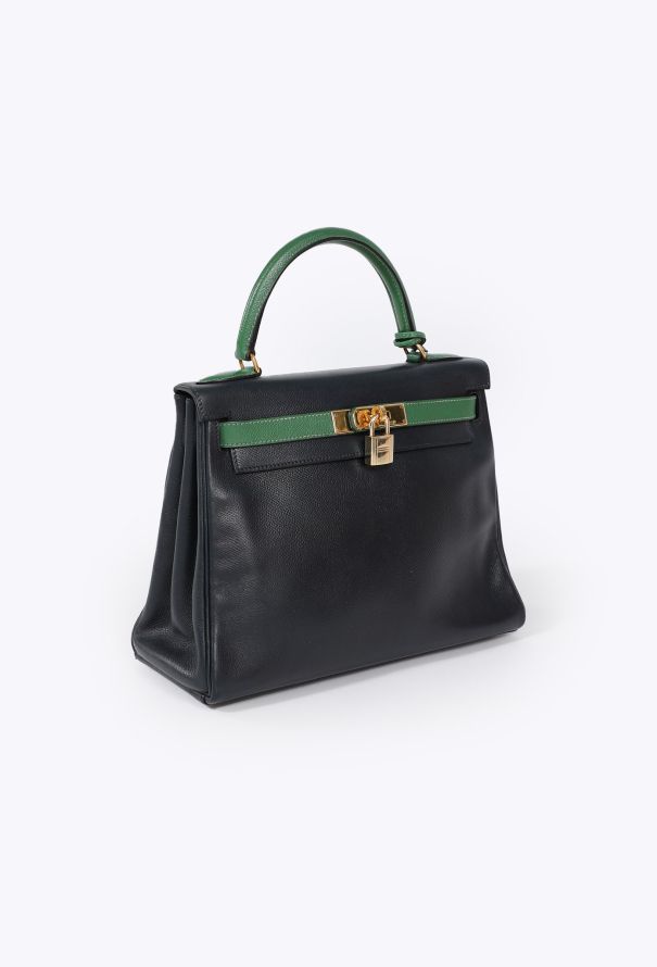 Hermès '90s Bleu Marine/Vert Bengale Courchevel Kelly 28 Retourné - 4
