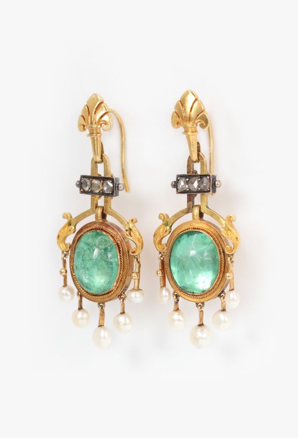 Vintage Fine Jewelry Antique 18k Gold, Diamonds & 5 Carats Emerald Earrings - 3 Vintage Fine Jewelry Antique 18k Gold, Diamonds & 5 Carats Emerald Earrings - 3