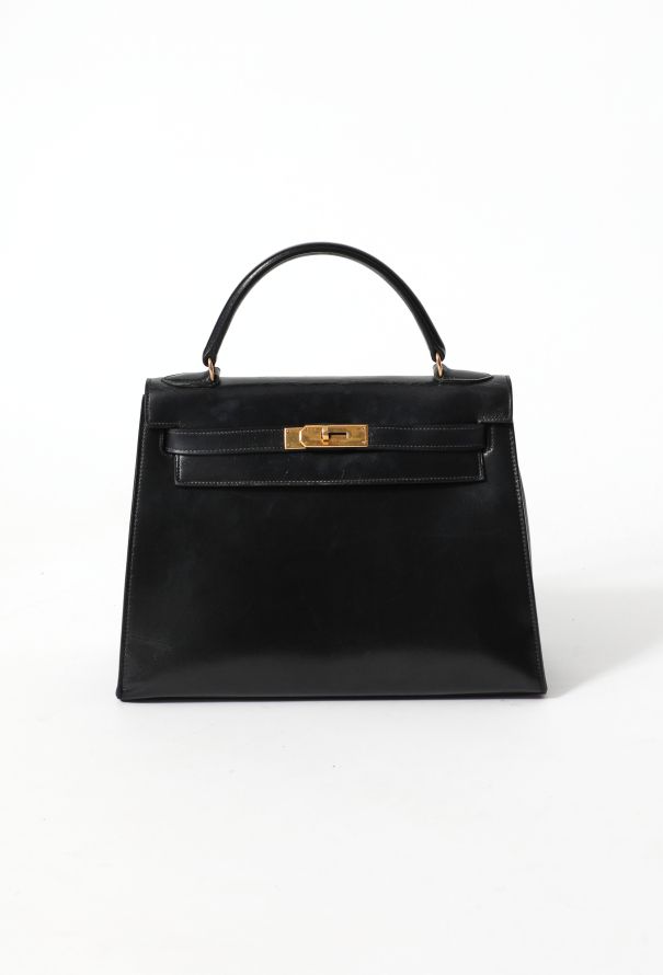 HERMES Kelly Sellier Size 28 Box Calf Leather/Toile H Navy/Natural