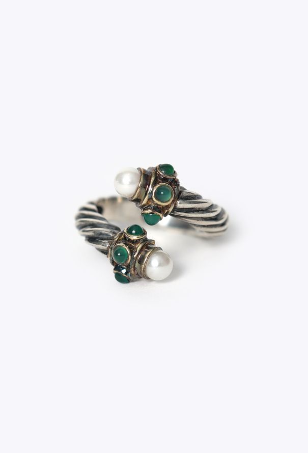 David Yurman 14K Yellow Gold, Emerald & Pearl Silver Cable Bypass Ring - 1
