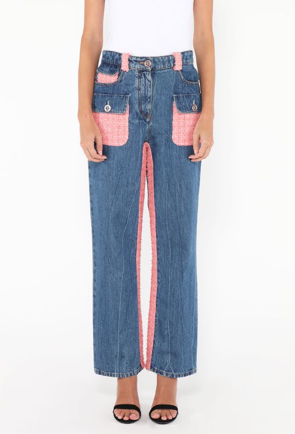 Chanel Resort 2021 Tweed Trim 'CC' Jeans - Blue & Pink - 3