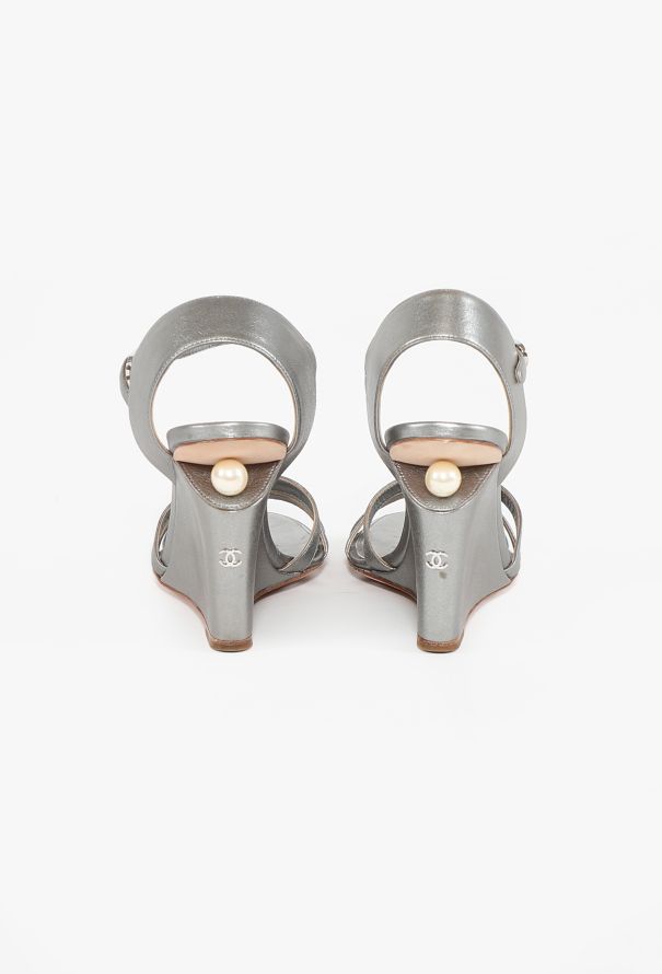 Chanel 2016 Metallic Strappy Pearl Wedges - 5
