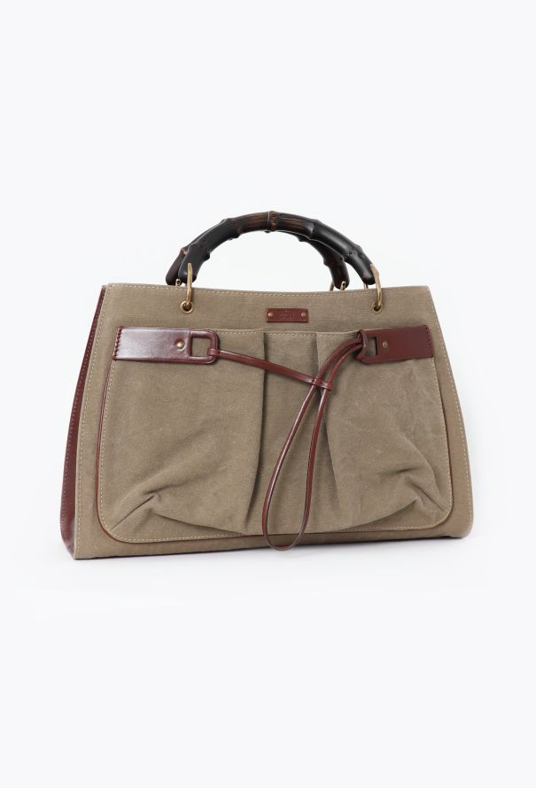 Gucci Khaki Canvas Bamboo Tote Bag - 2