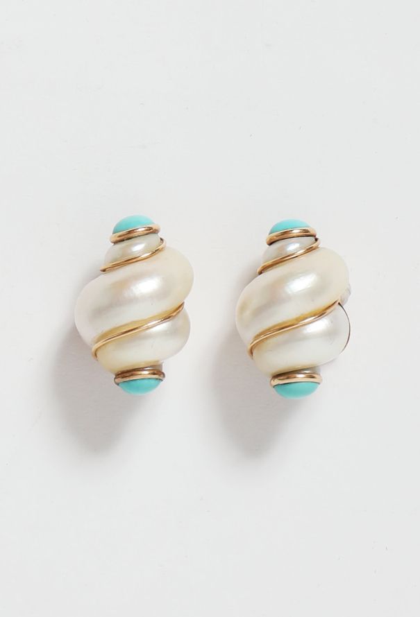 Vintage & Antique 14k Gold MAZ Shell & Turquoise Clip Earrings - 1