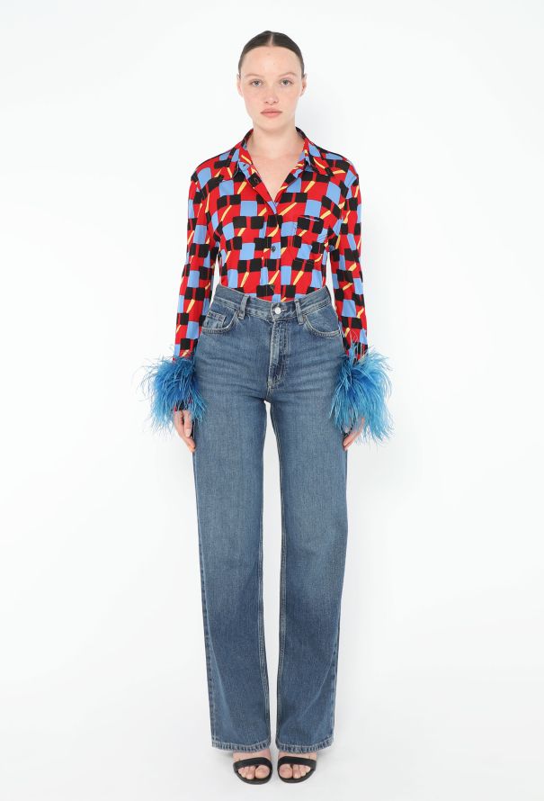 Prada S/S 2017 Graphic Ostrich Trim Blouse - 3