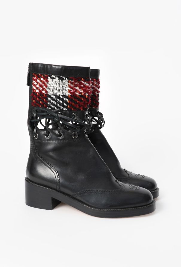 Chanel F/W 2016 Tweed Trim Lace-Up Boots - 4