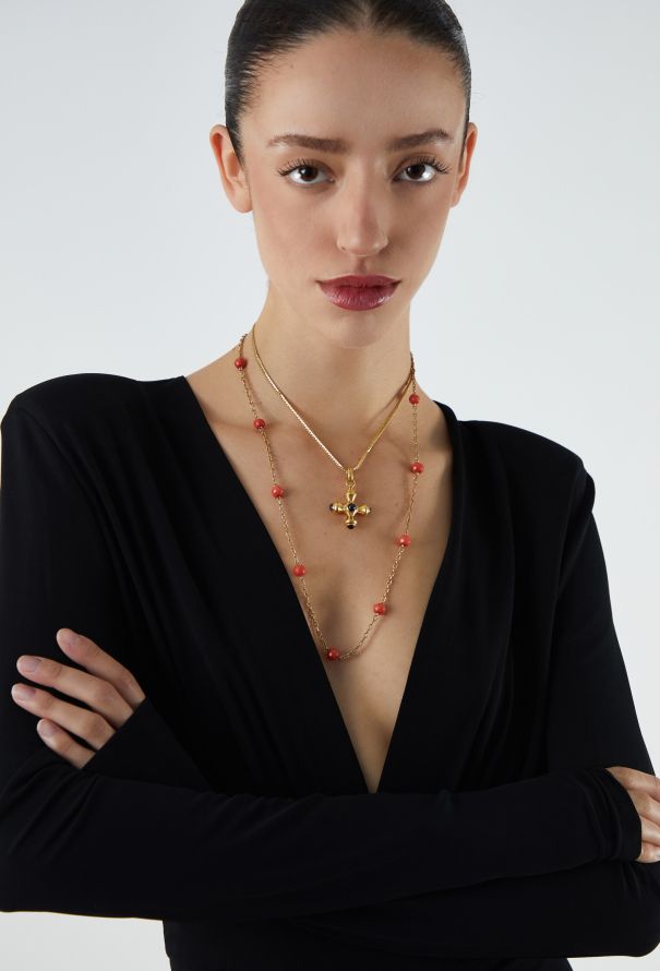 Vintage Fine Jewelry Vintage 18K Yellow Gold Mediterranean Coral Necklace - 2