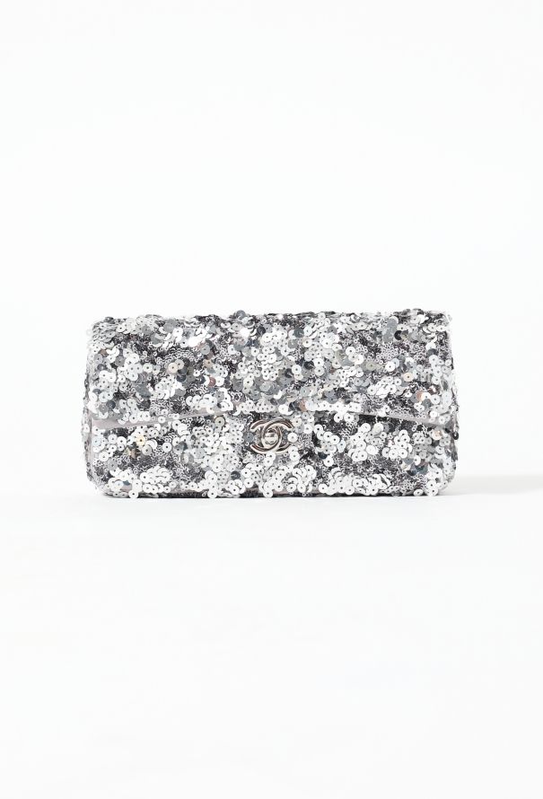 Small evening bag, Sequins & silver-tone metal, black & silver