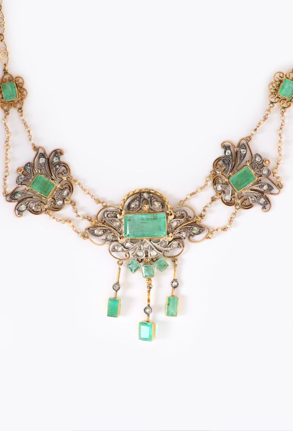 Vintage Fine Jewelry 18k Yellow Gold, Emerald & Diamond Arabesque Necklace - 3 Vintage Fine Jewelry 18k Yellow Gold, Emerald & Diamond Arabesque Necklace - 3
