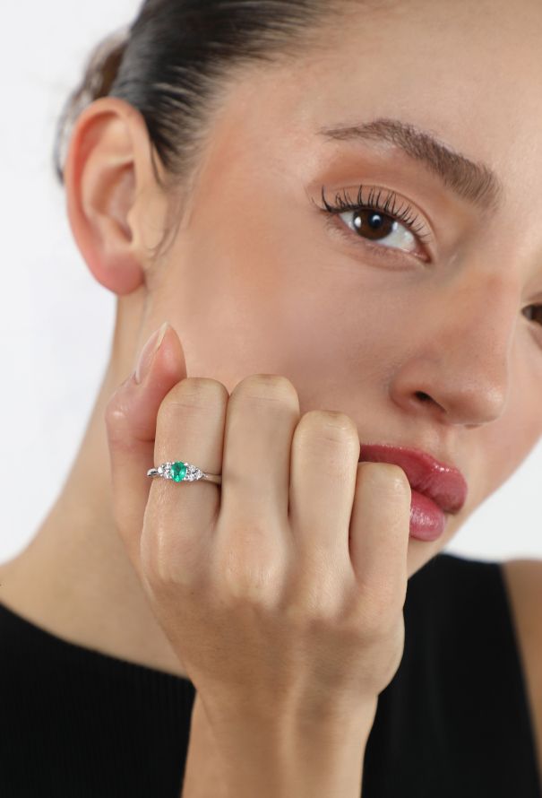 Modern Fine Jewelry 14K White Gold, Emerald & Diamond Ring - 2