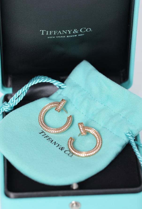 Tiffany & Co 18k Rose Gold & Diamond T1 Open Hoop Earrings - 3