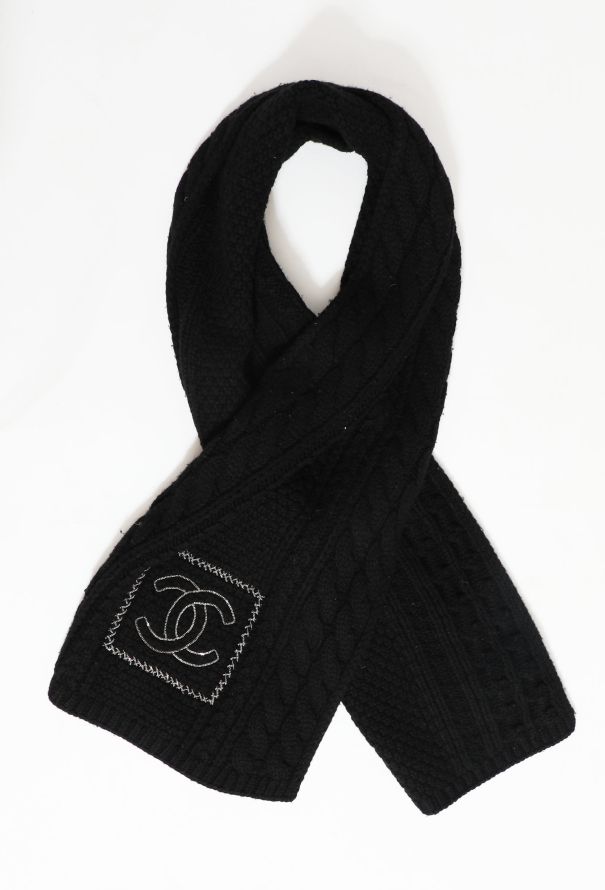 CHANEL, Accessories, Auth Chanel Cc Logo Large Knit Cashmere Black White  Scarf Preloved
