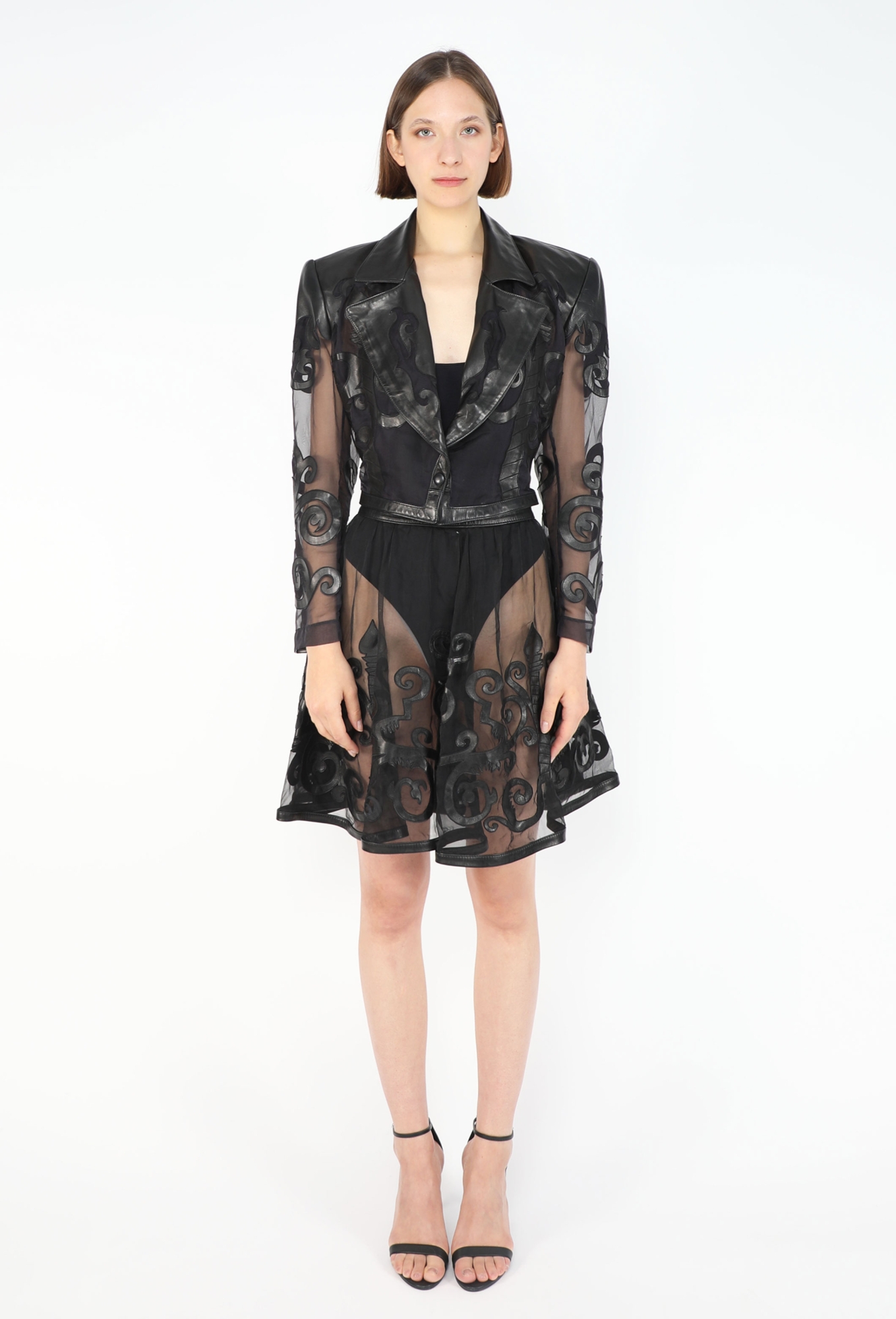 knee length dresses for ladies Jitrois Black Leather and Mesh Mini Dress with Crystal Embellished Sue –  Sellier main image 0