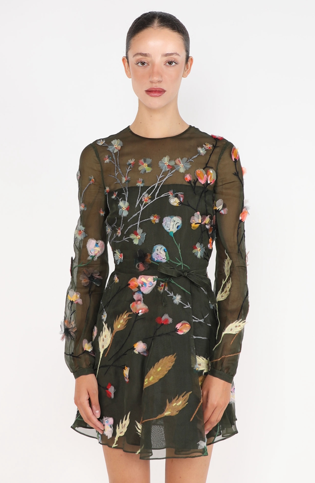 valentino floral dress Garavani Embroidered Long-Sleeve Ruffle Mini DETAILS v Floral Appliqu Organza Dress -