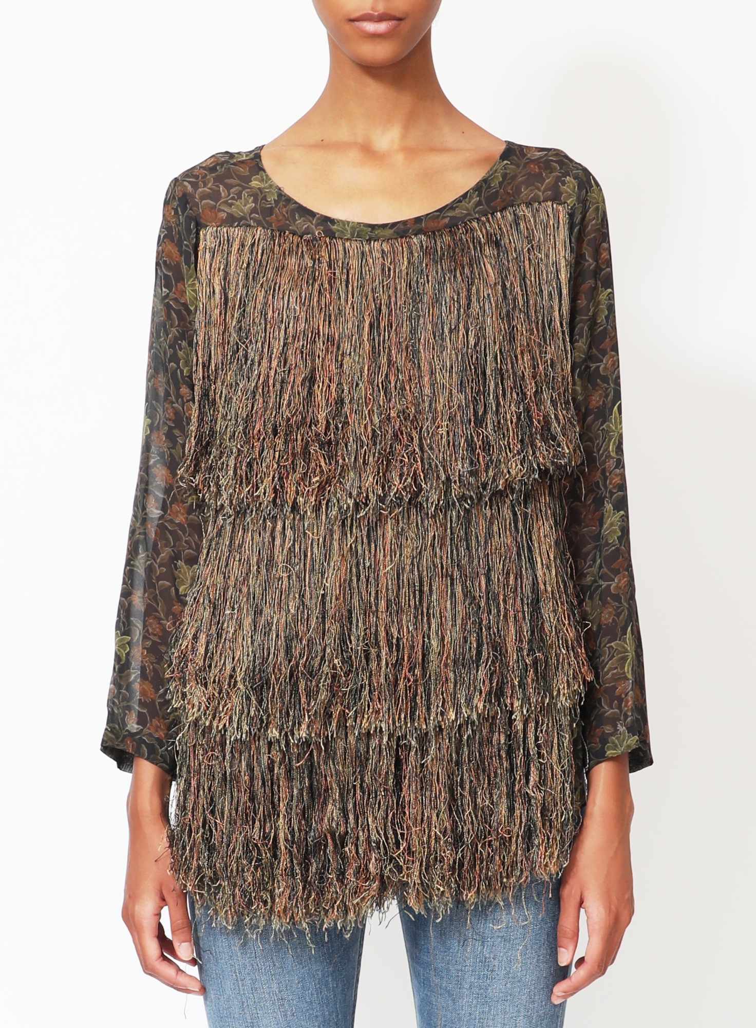 トップス dries van noten floral fringe top 36 Tricolor Tiered Fringe Silk Top | Authentic & Vintage | ReSee