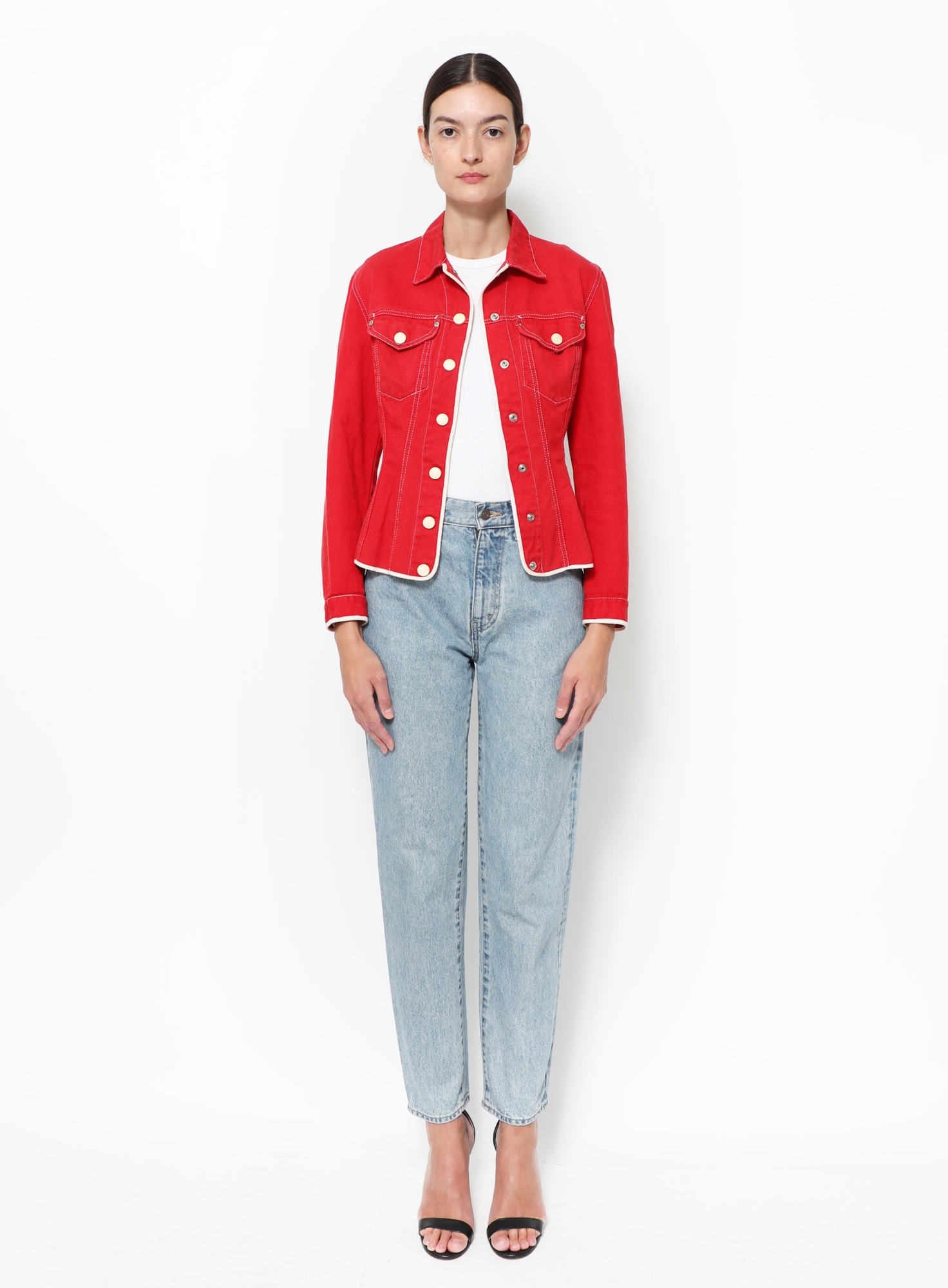 Junior GAULTIER リネン トラッカー ジャケット レッド ショート Denim Lace-up Jacket | Authentic & Vintage | ReSee