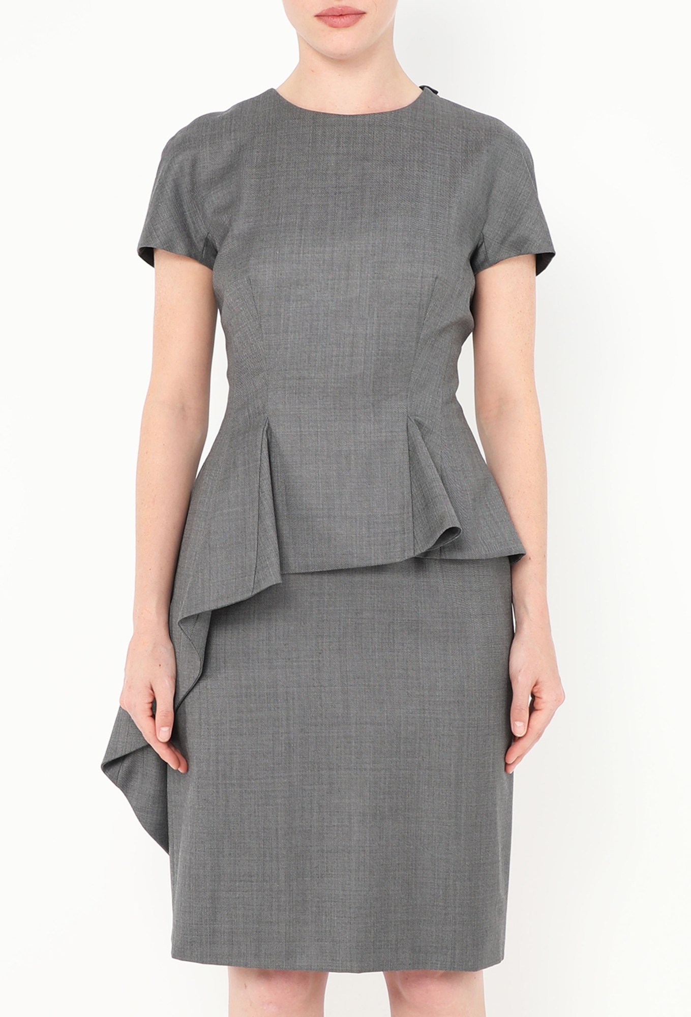gray peplum dress Montage by Mon Cheri M2209 Portrait Neckline Peplum Dress