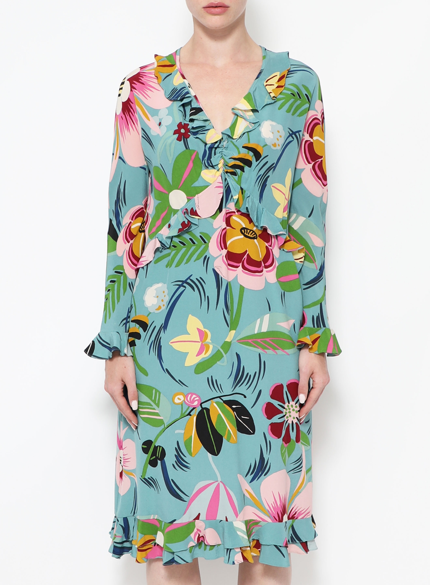 green emerald velvet dress Gucci Green Floral Check-Print Ruffled Silk Gown – Runway Catalog main image 1