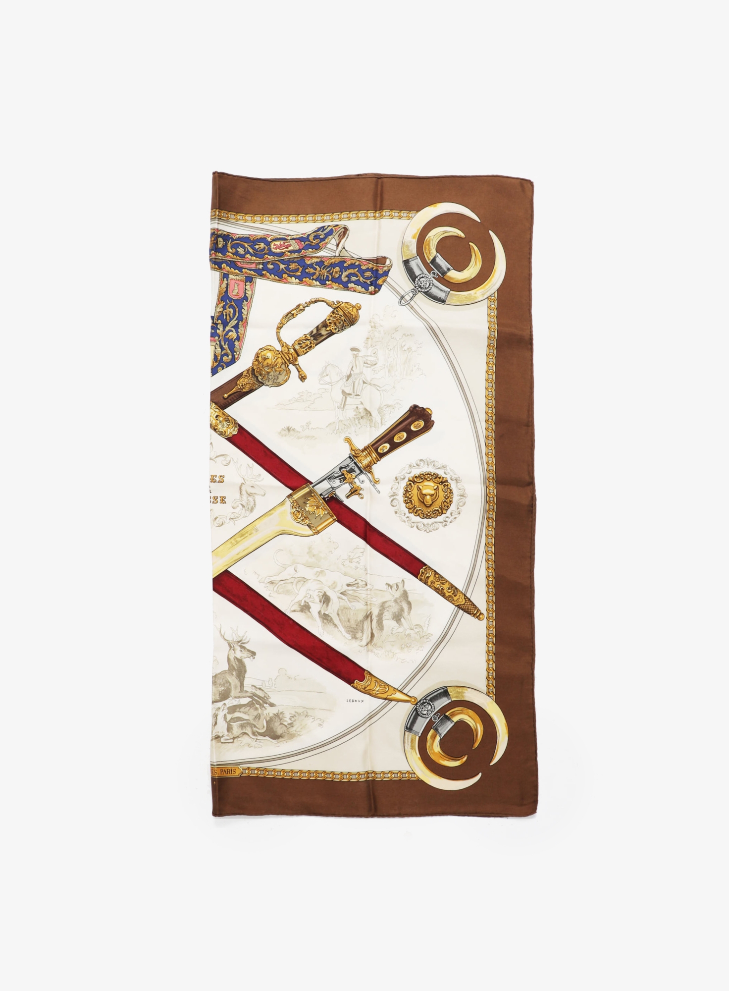 HERMES エルメス カレ90 ARME DE CHASSE シルクスカーフ Armes de Chasse' Silk Carré 90 – Brown Border - Hermès | ReSee