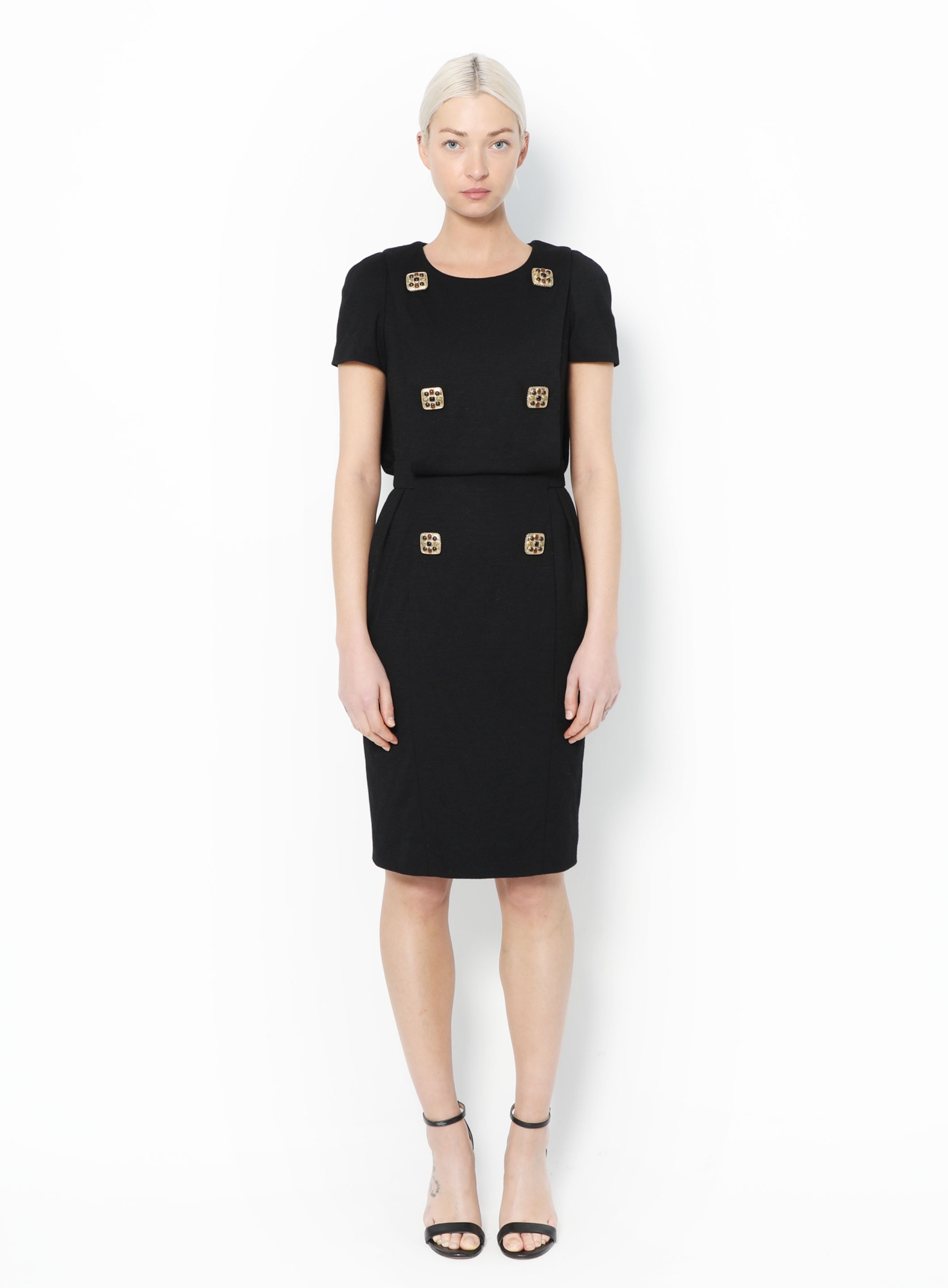 jamie lee curtis golden globes dress KNITTED BIJOUX BUTTONS DRESS