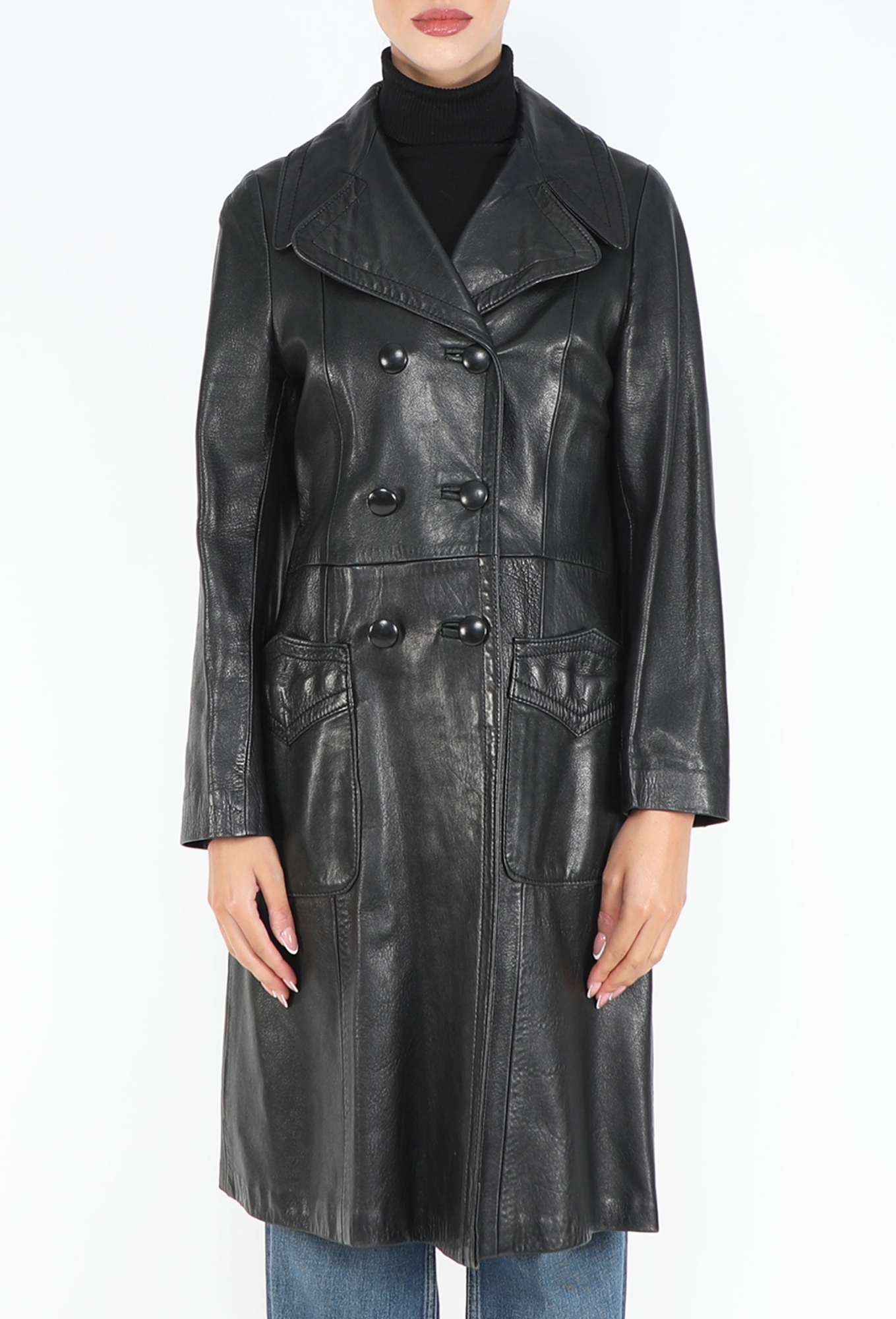 90s vintage double chester coat 黒 90s Double-Breasted Leather Trench - Exquisite Vintage | ReSee