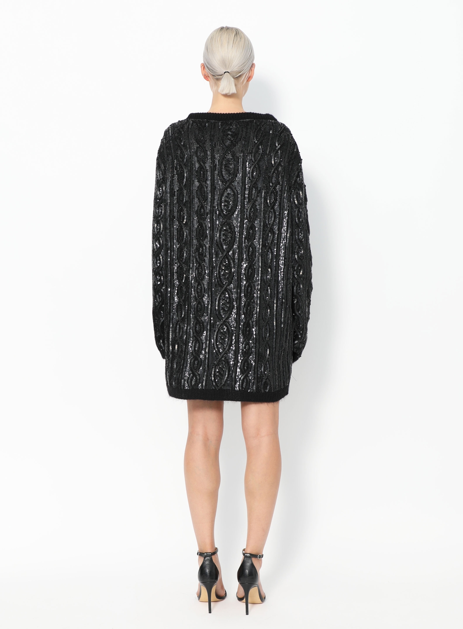 sequin sweater dress Self-Portrait - Black Knit Mini long sleeves Women's Sequins Tiered Babydoll Dress