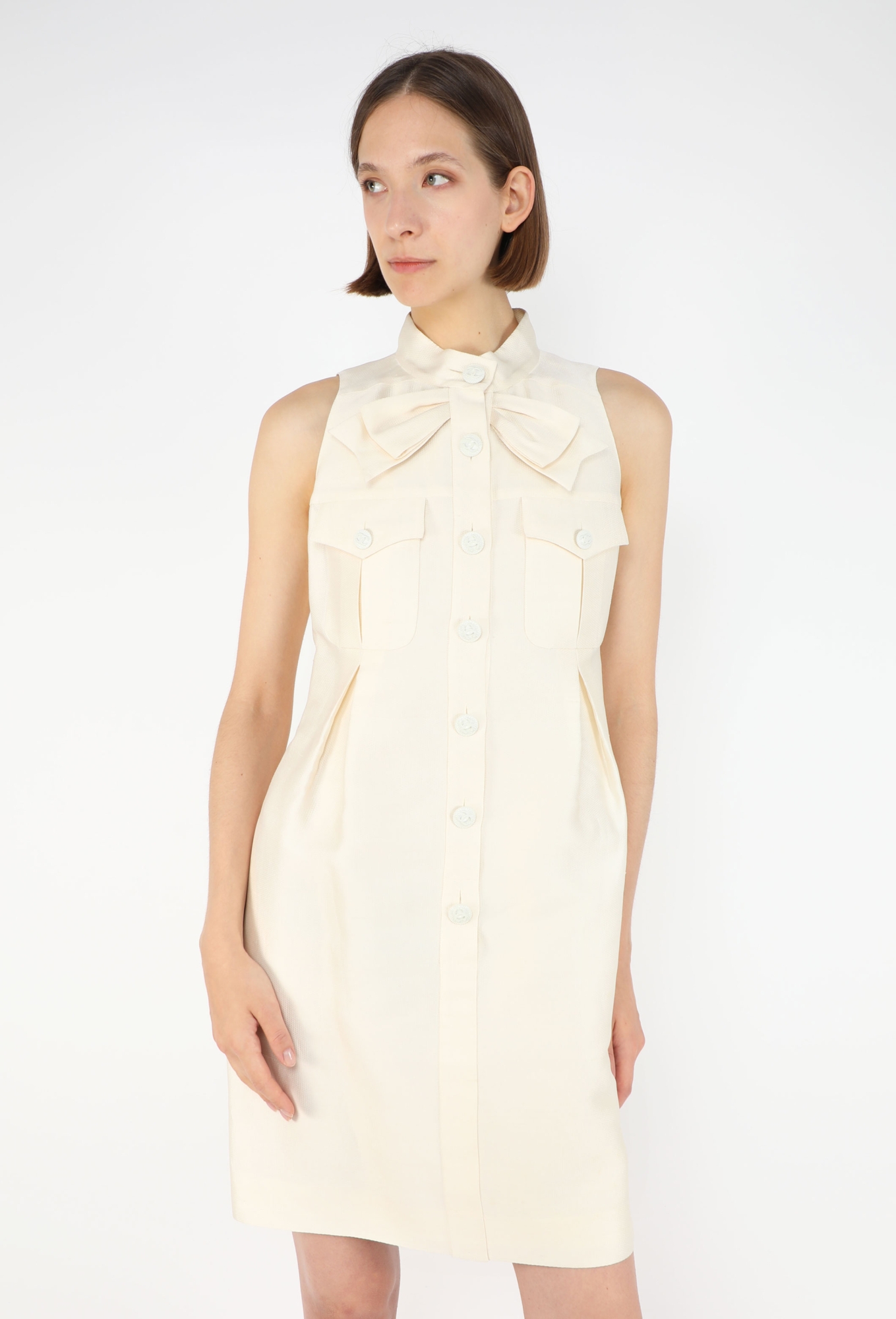 chanel shirt dress 1990s Chanel Creme Silk Knife Pleats Camellia Bow Belted Shirt Dress D   Basha Gold