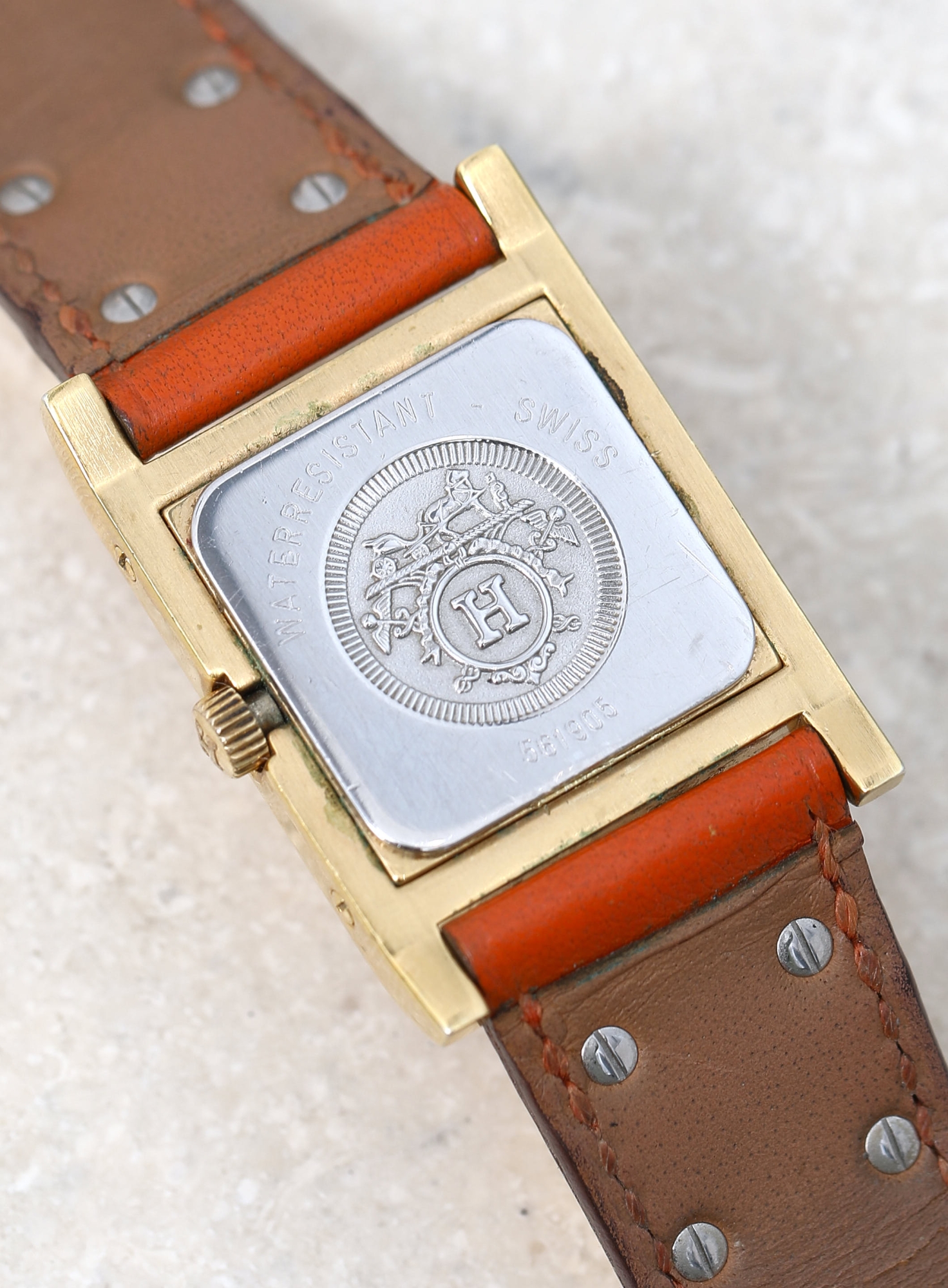 Hermes Orange Swift Leather Palladium Plated Medor Studded Quartz Watch Orange Swift Médor Watch | Authentic & Vintage | ReSee main image 3