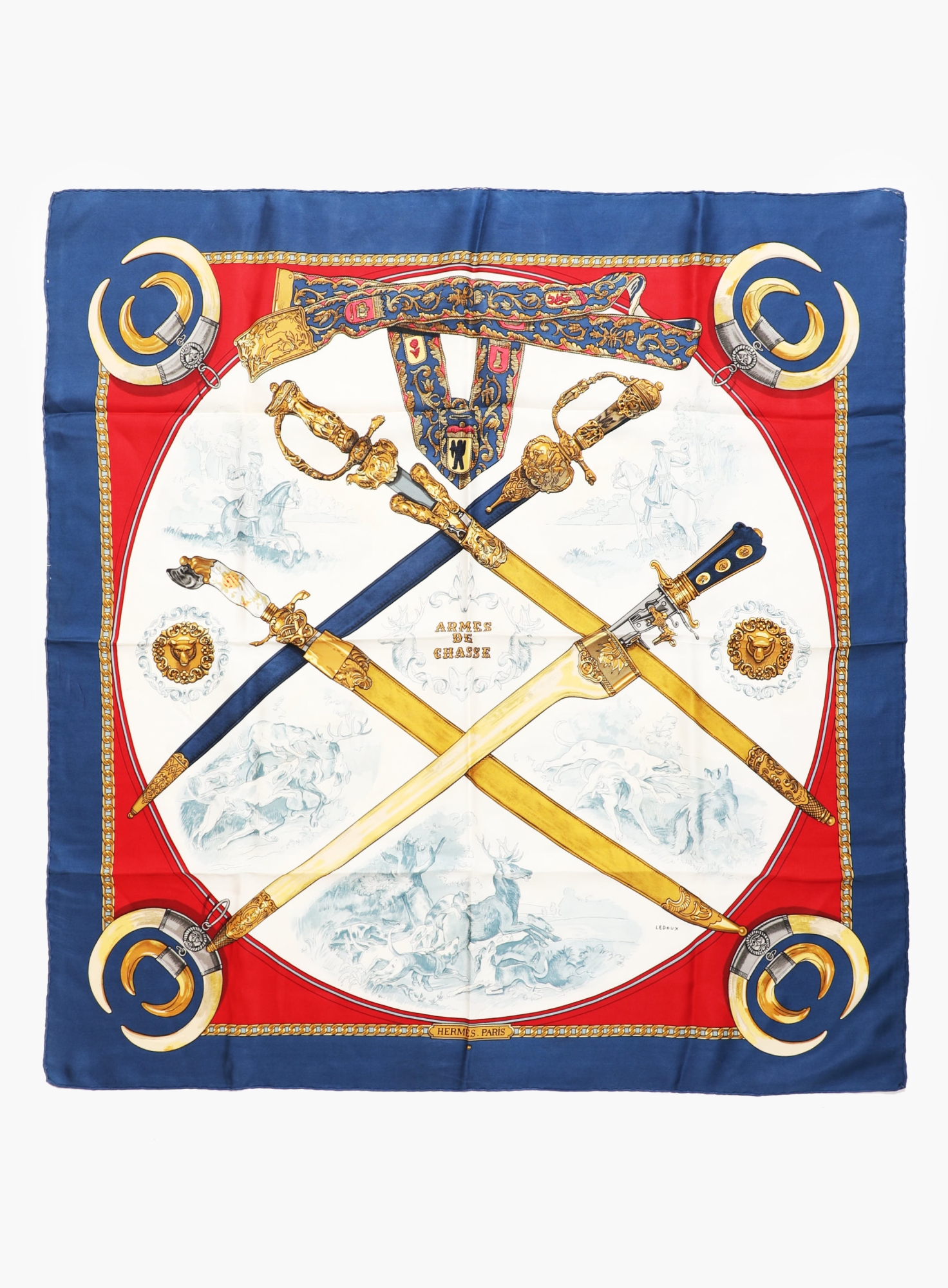 【美品】HERMES ARMES DE CHASSE カレ90 Armes de Chasse' Silk Carré 90 – Blue Border - Hermès | ReSee