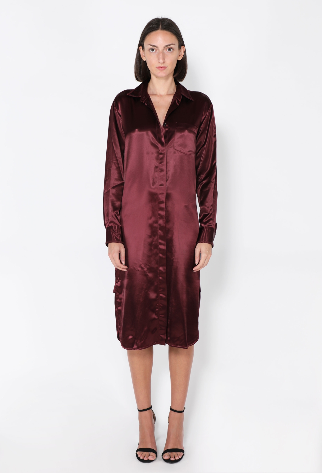 red satin shirt dress LAND red - fluid silk shirt dress