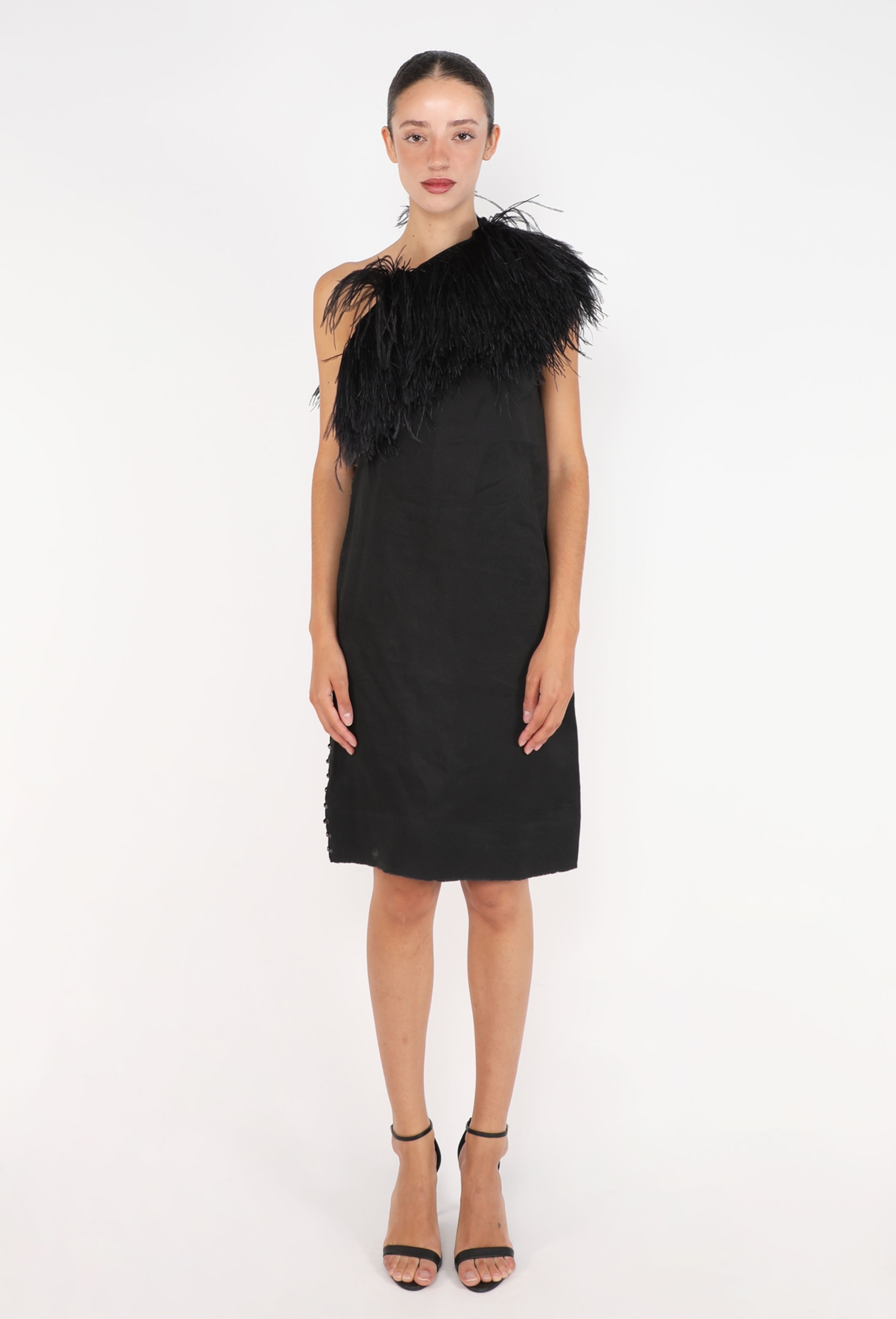 black dress with ostrich feathers Feather Eyelet Dress, S/S 2008 - Lanvin Maxi dress Fall Wedding Guest Dresses: Size_UK 6 / EU 39 / US 8 removable ostrich feathers at US Size:2