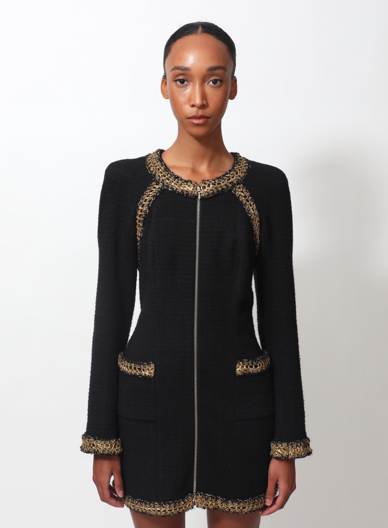chanel black dress with gold chains ASHLEYlauren 11998 Fully Beaded Plunging V-Neck Gown