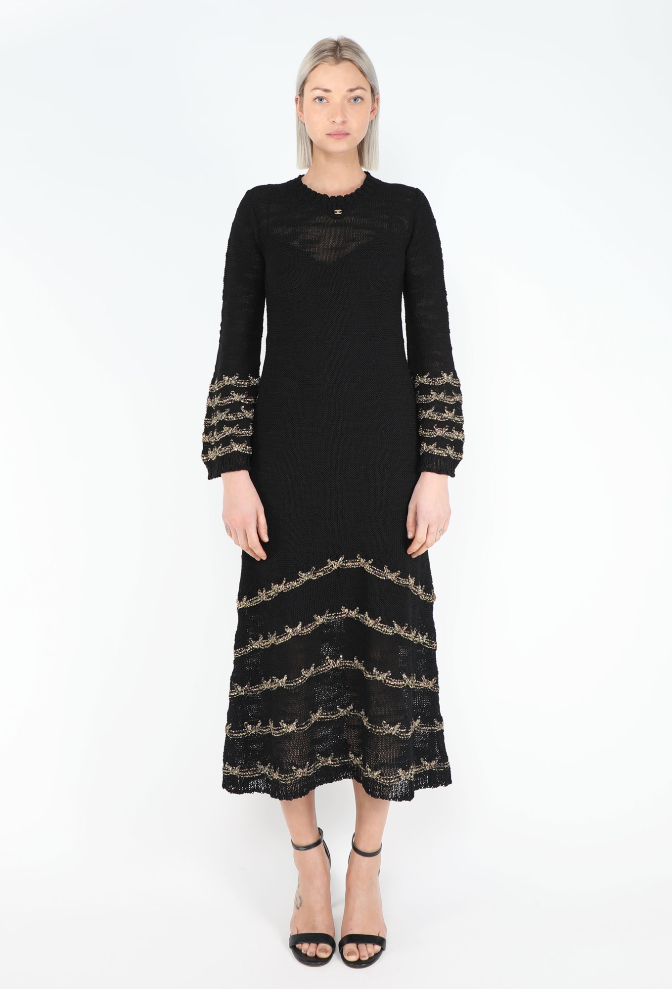 chanel crochet dress Chanel Red & Blue Cotton Crochet Four Pocket L/S Dress FR 40