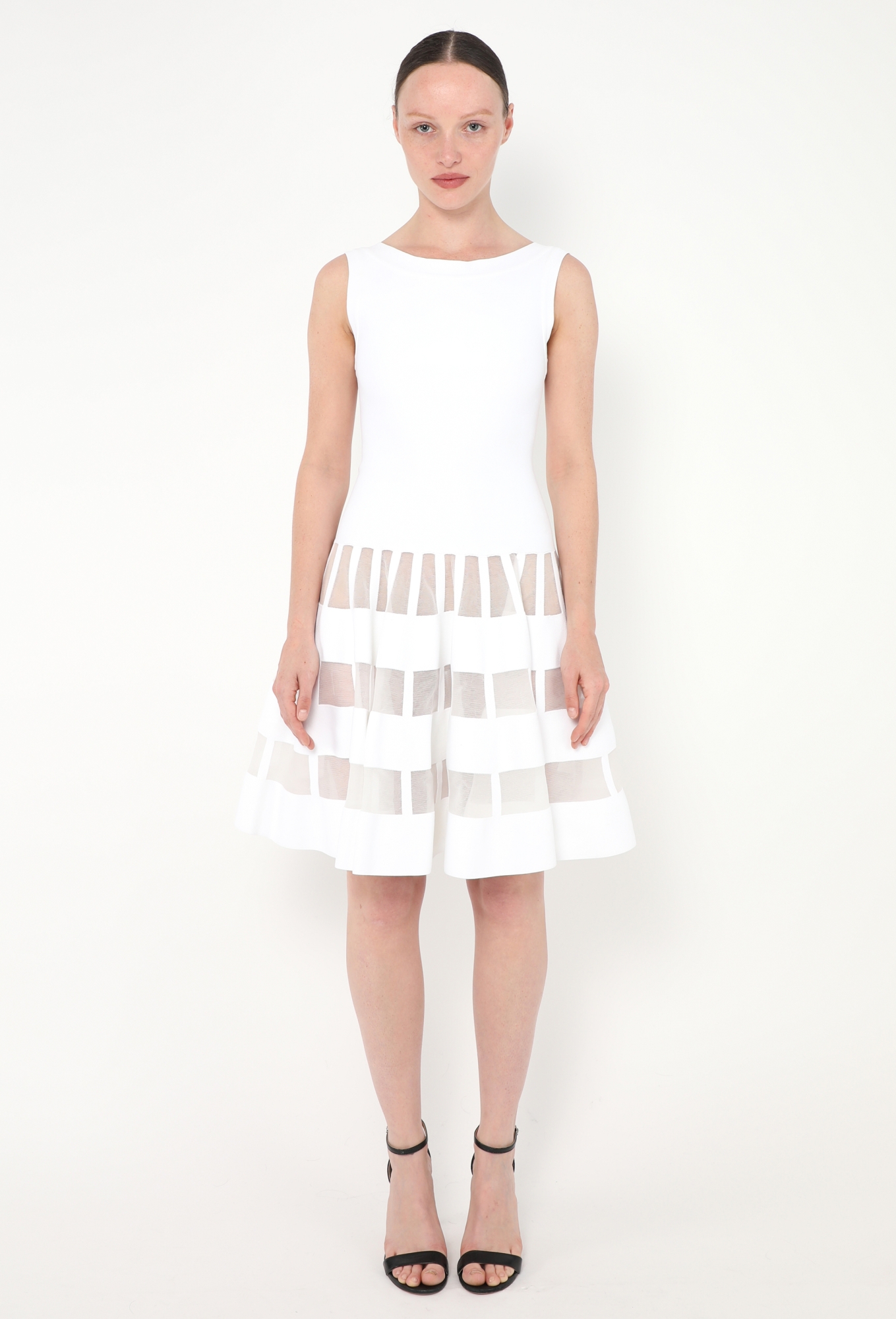 knee length dresses for ladies White Lace Sheer Detail Plunge Skater Dress main image 1
