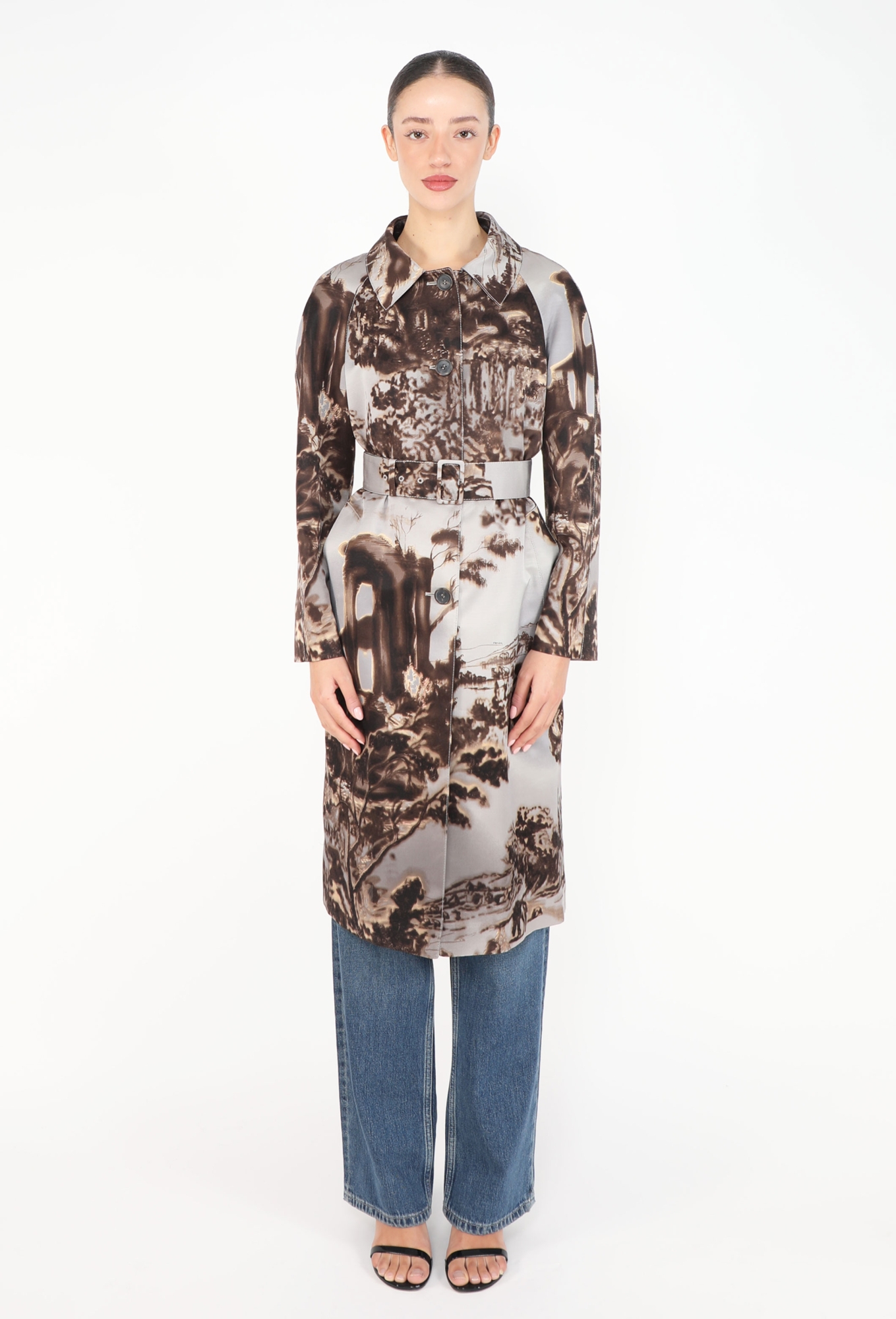 良品　PRADA 36ウエストリボン トレンチコート F/W 2004 Belted Silk Printed Trench - Prada | ReSee