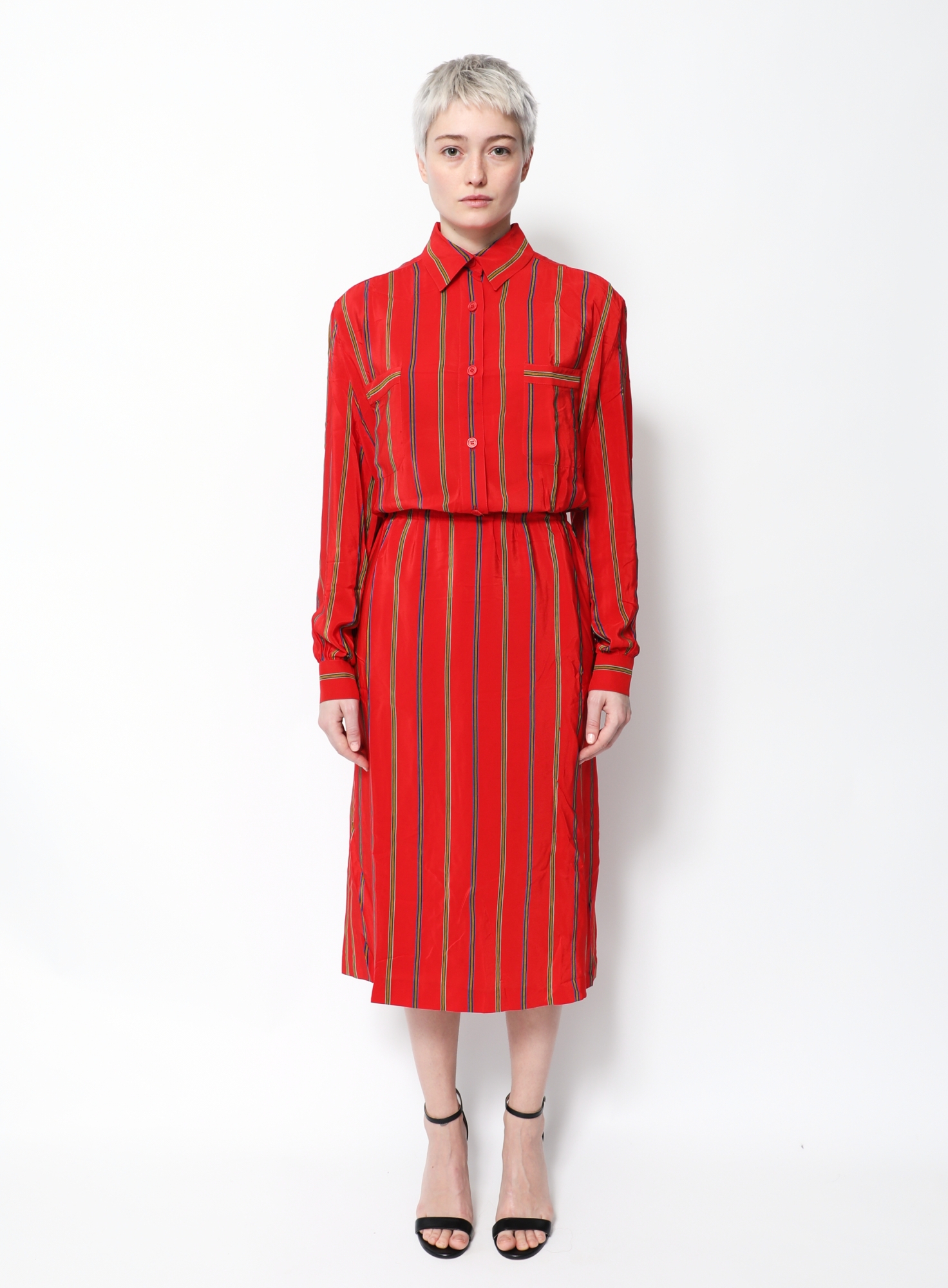 striped silk shirt dress Vintage Striped Silk Shirt Dress